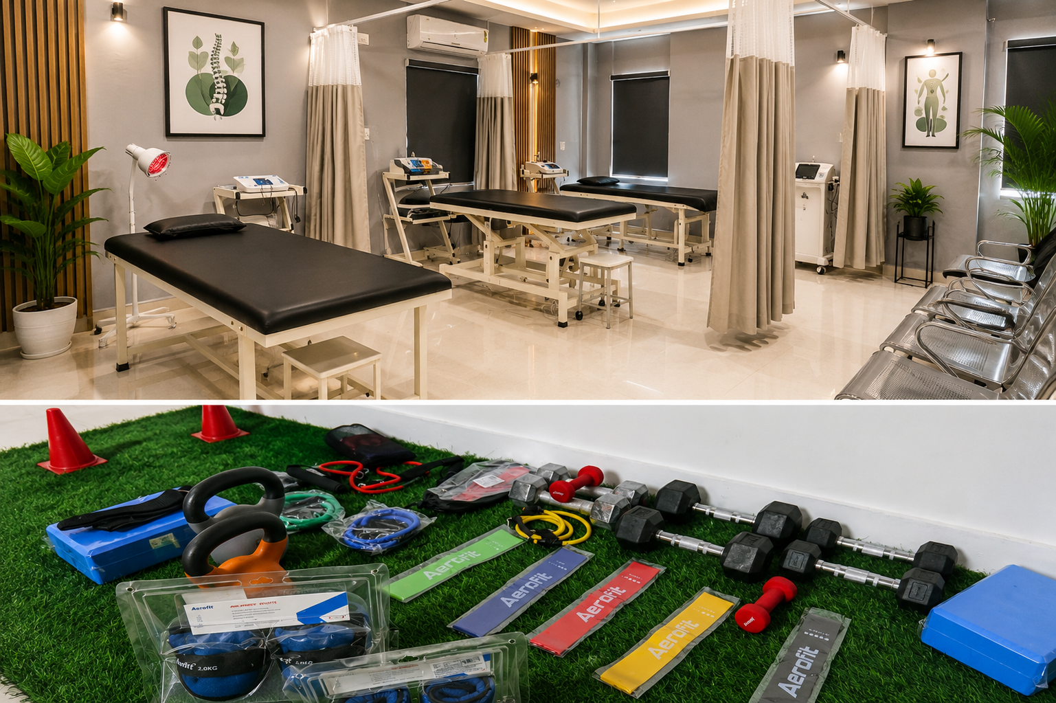Clinic waiting area and exercise equipment